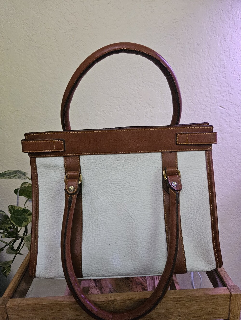 M. C. Pebbled Two-Tone Leather Bag in White and Brown - Picture 7 of 15